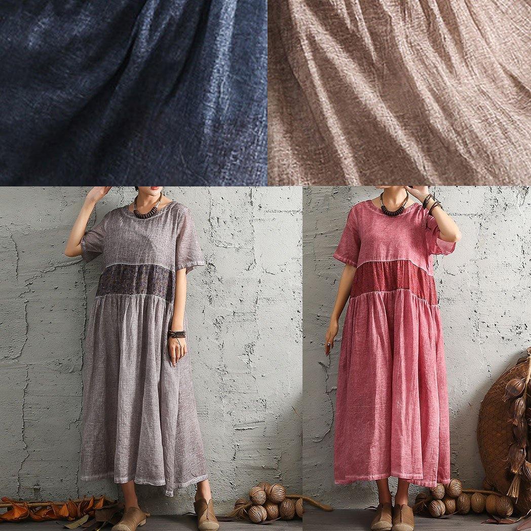 Simple Gray Short Sleeve Cotton Dresses Patchwork Cotton Summer Dresses
