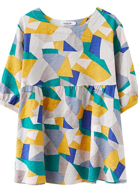 Simple Green Print Linen Clothes for Shape O Neck Lantern Sleeve Summer Top