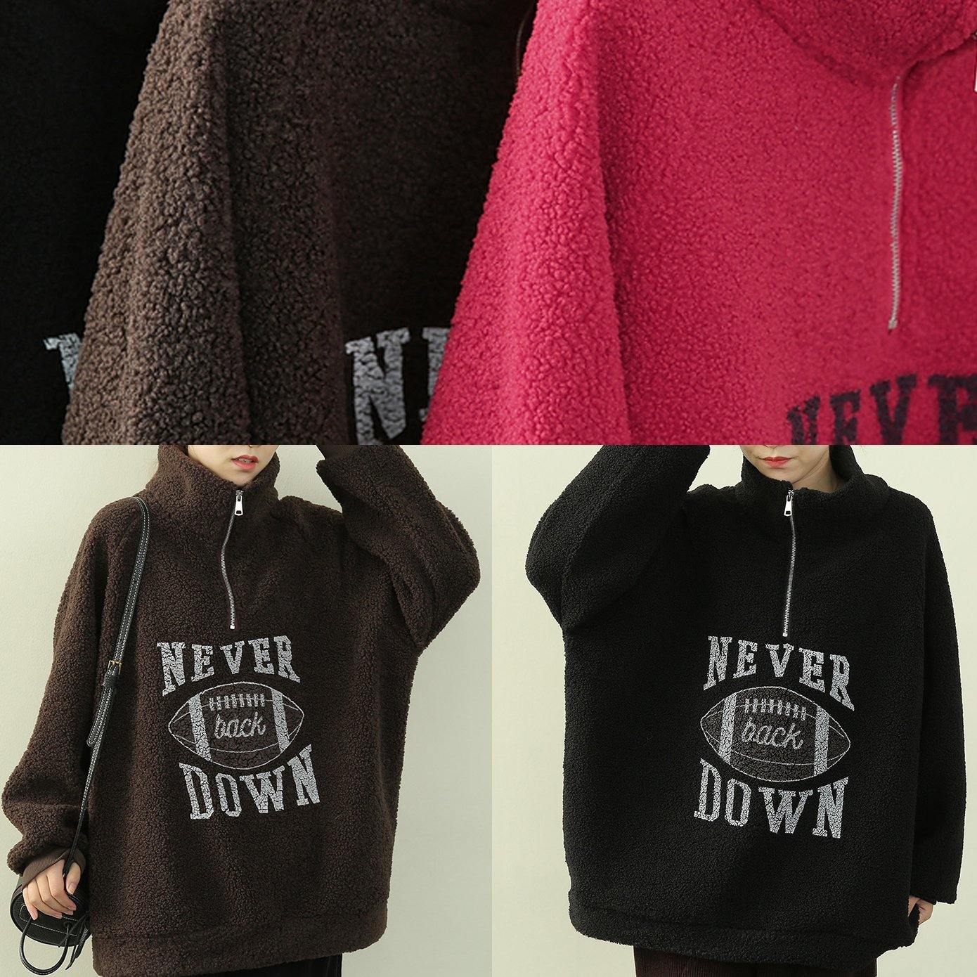 Simple high neck zippered clothes black Letter fuzzy wool top