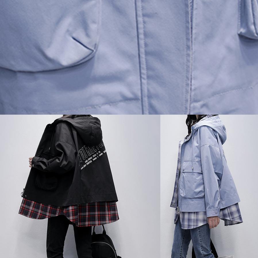 Simple Hooded Pockets Tunics for Black Patchwork Plaid Oversized Coat