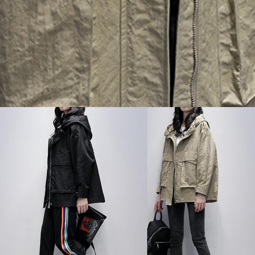 Simple Hooded Zippered Coats Gray Green Loose Coats