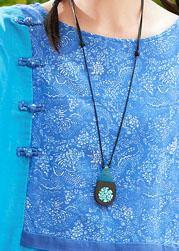 Simple O Neck Pockets Linen Dresses Design Blue Print Dress Summer