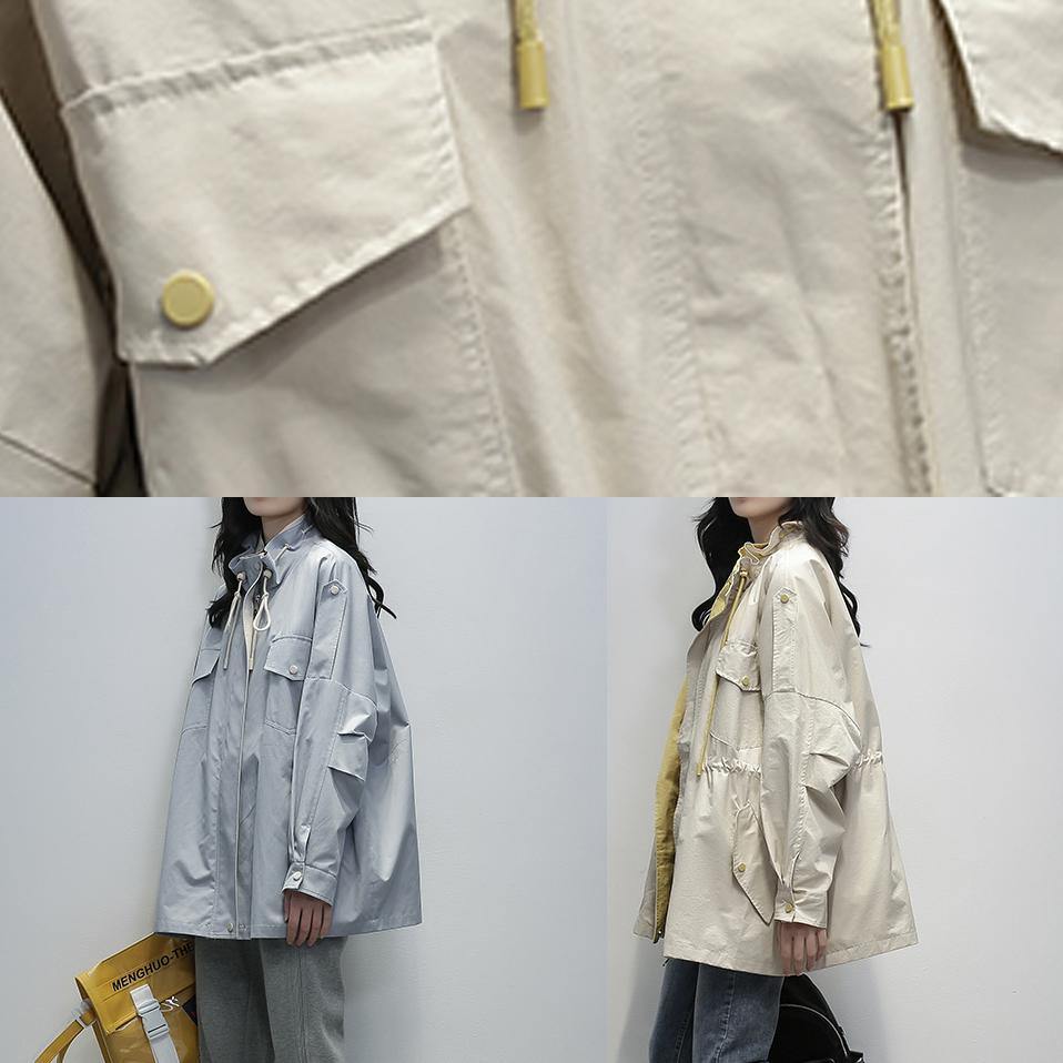 Simple Stand Collar Drawstring Clothes Khaki Midi Coat