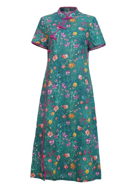 Simple Stand Collar Patchwork Linen Wardrobes Design Green Print Dresses