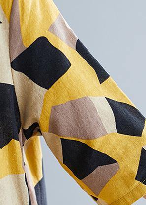 Simple Yellow Print Cotton Quilting Clothes V Neck Half Sleeve Oversized Summer Dress