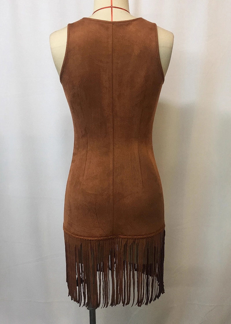 Slim Fit Brown Tasseled Button Faux Suede Mini Dresses Sleeveless
