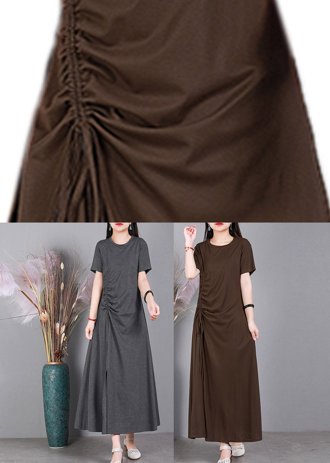 Slim Fit Grey O-neck Cotton Long Dresses Short Sleeve