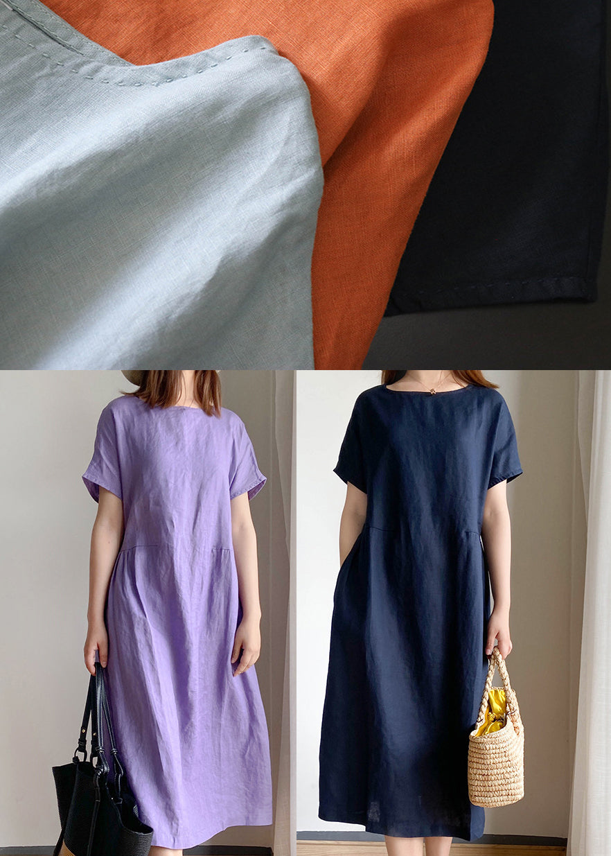 Navy O-neck Cinched Linen Shirt Top Short Sleeve