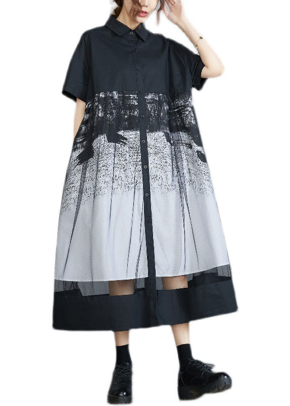 Style Black Peter Pan Collar Tulle Patchwork Cotton Maxi Dresses Short Sleeve