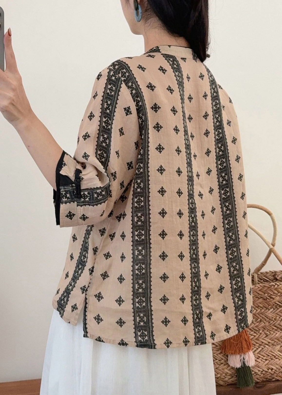 Style Champagne O-neck Print Button Linen Shirt Half Sleeve