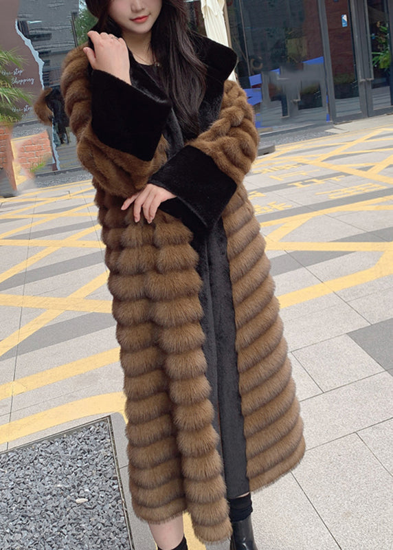Style Coffee Peter Pan Collar Patchwork Leather and Fur Long Coats Spring