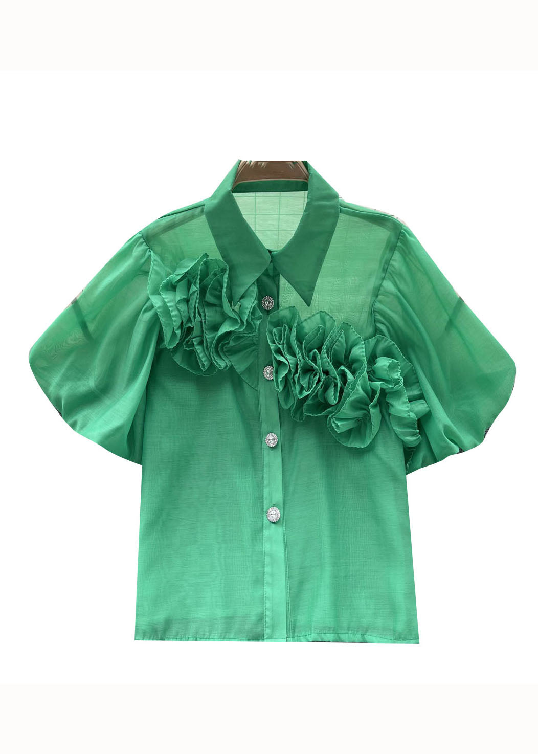 Style Green Peter Pan Collar Patchwork Cotton Shirts Puff Sleeve