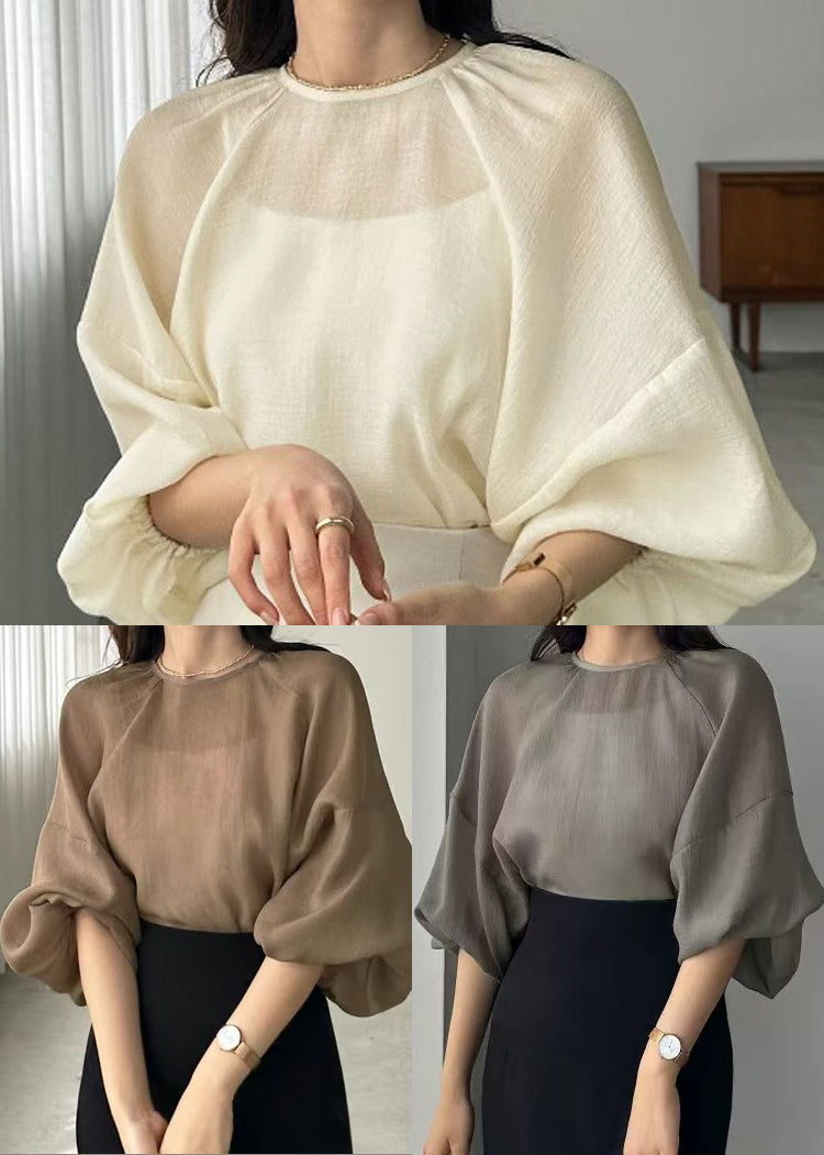 Style Grey Oversized Chiffon Sheer Tops Lantern Sleeve