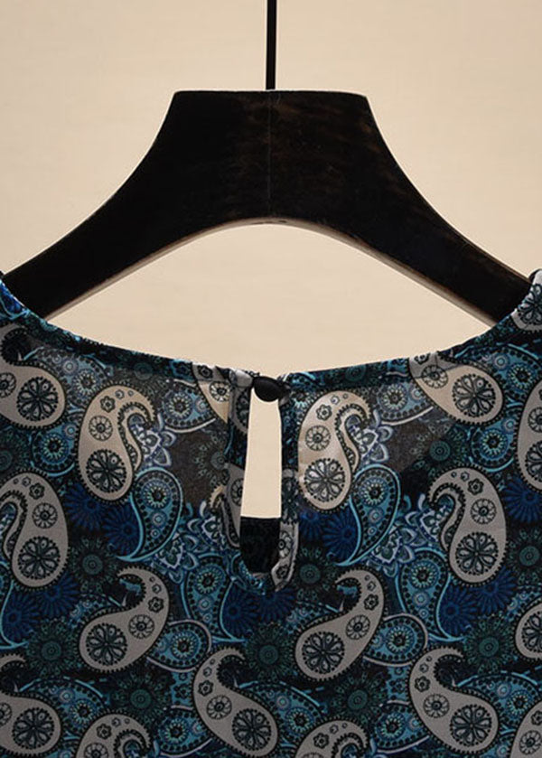 Style Khaki Print O-neck Patchwork Button Chiffon Blouse Tops Short Sleeve