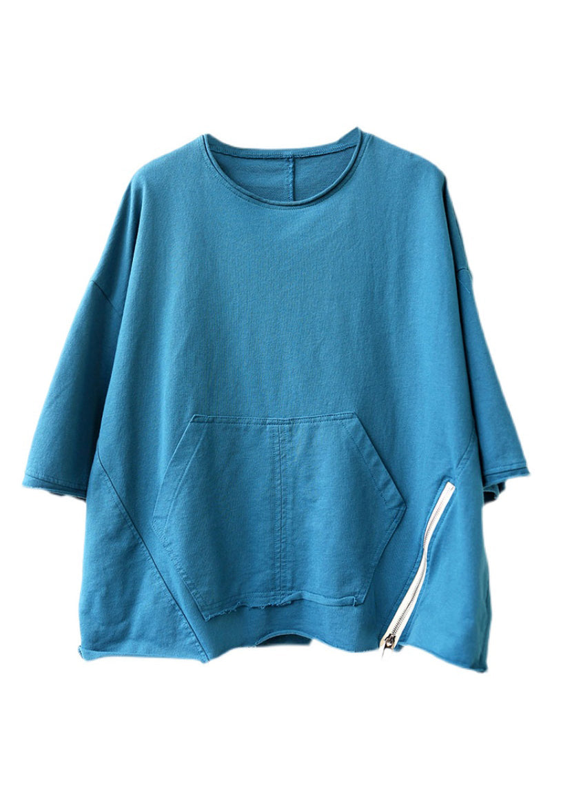 Style Lake Blue O-neck Zip Up Pockets Patchwork Loose Top Half Sleeve
