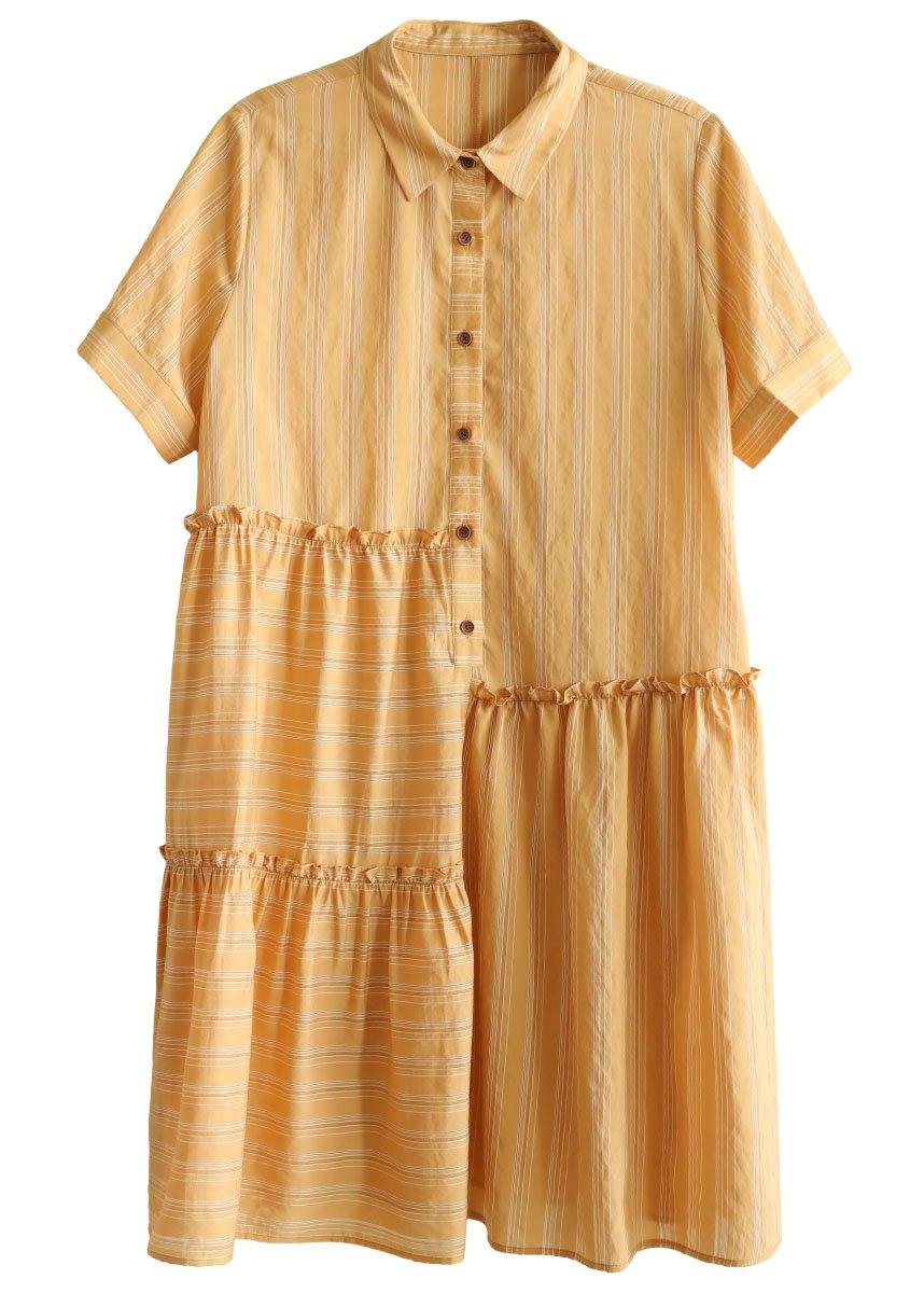 Style Orange Striped Button Asymmetrical Design Ruffled Summer Vacation Dress