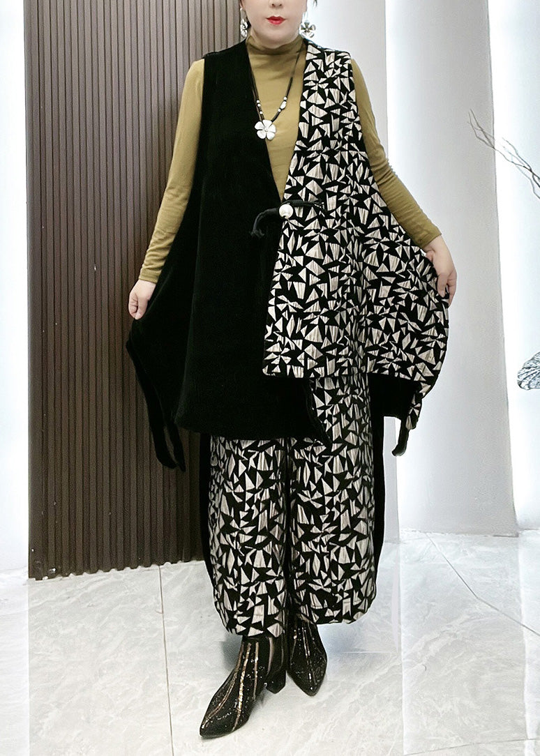 Style Patchwork Print Waistcoat and Wide Leg Pants Two Piece Set Winter