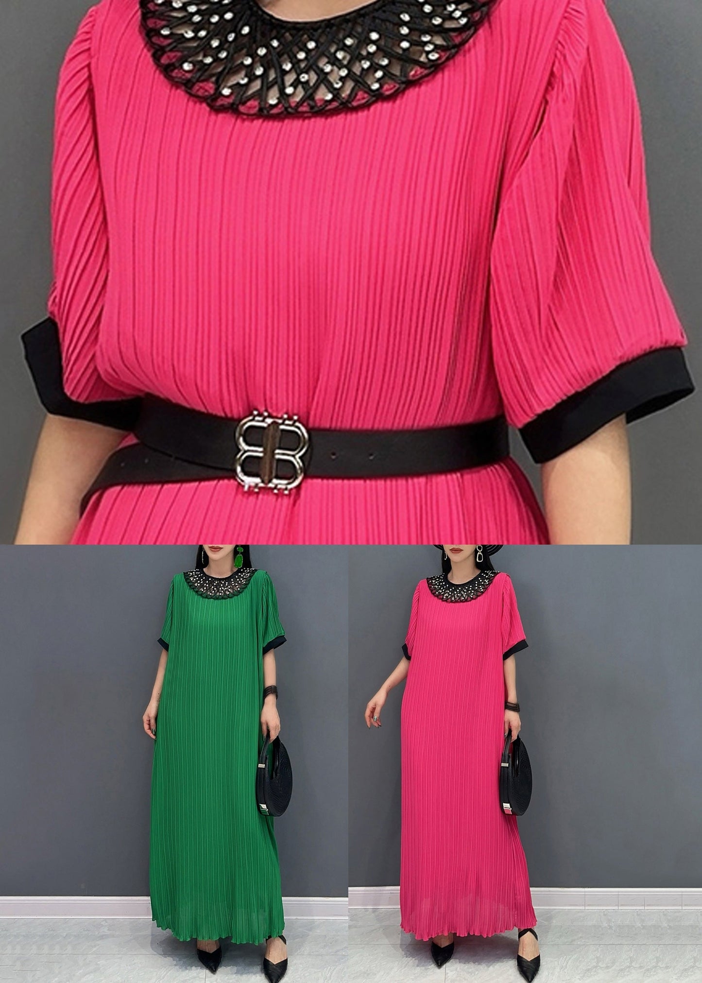 Style Red O-neck Wrinkled Long Dress Short Sleeve
