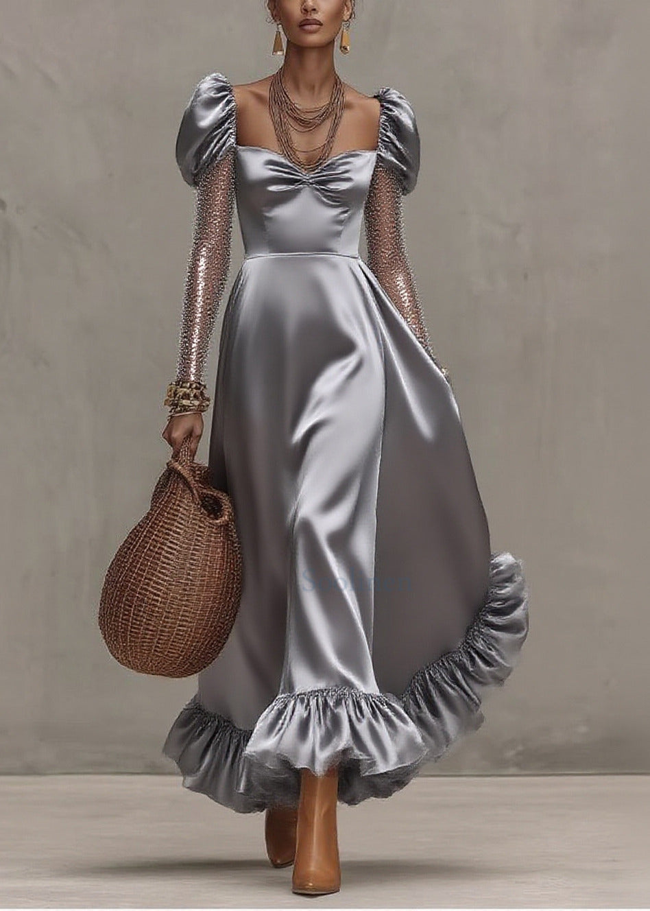 Style Silvery Puff Sleeve Patchwork Tulle Exra Large Hem Party Dress