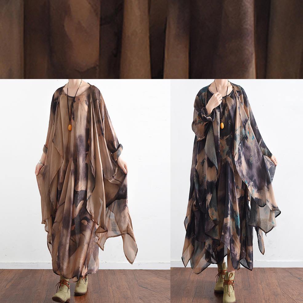 Style Blue Green Print Dress O Neck Asymmetric Long Dress