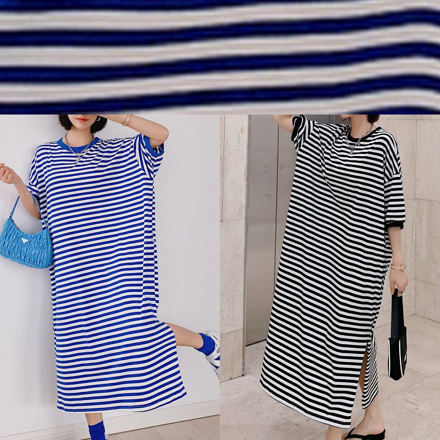 Style Blue Striped Tunic Dress O Neck Side Open Dresses