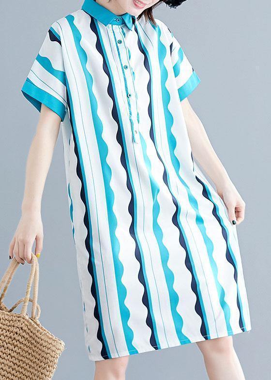 Style Green Striped Cotton Clothes Lapel Tunic Summer Dress