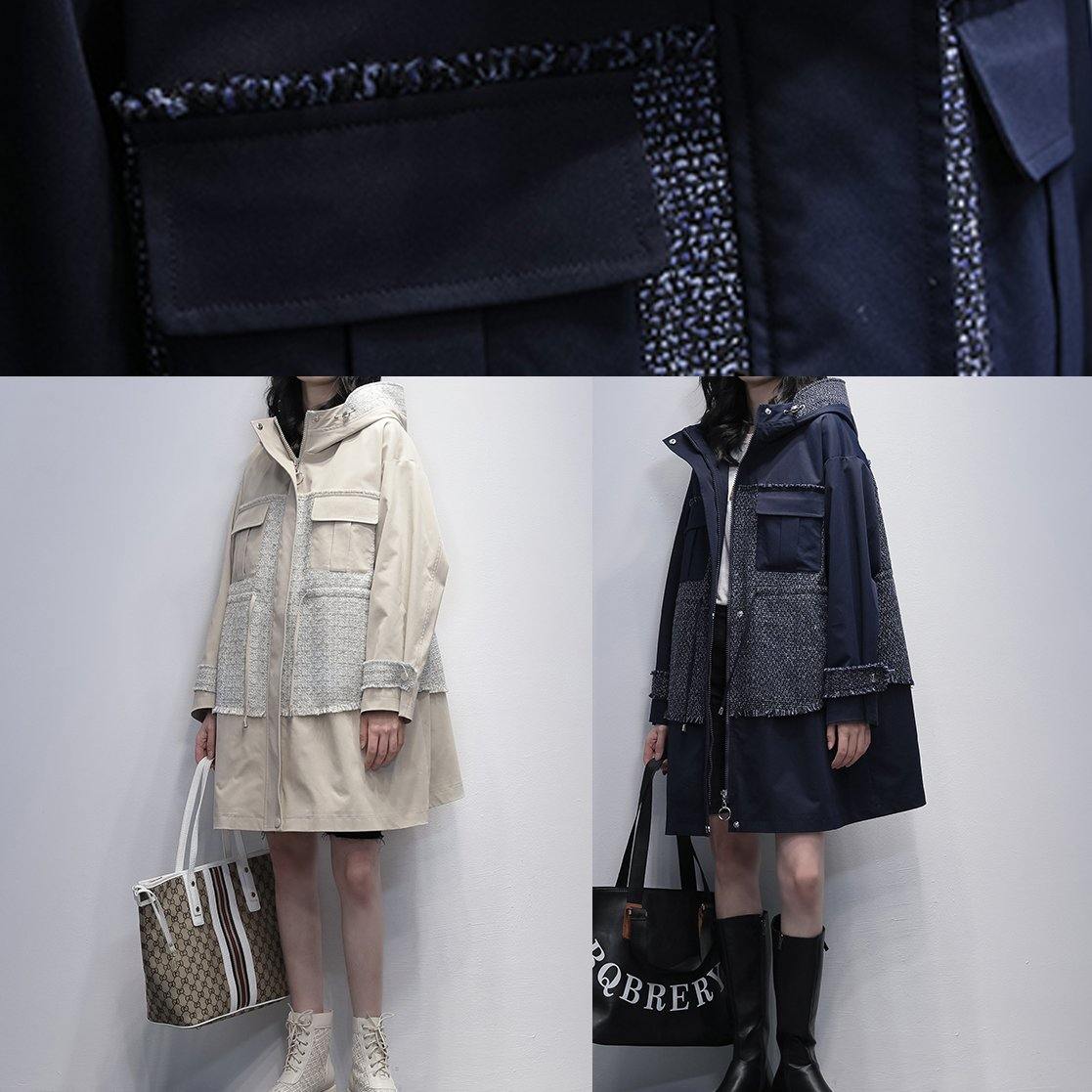 Style Light Beige Fine Trench Coat Work Hooded Patchwork Outwears