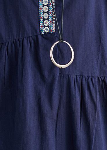 Style Navy Linen Dress Outfits O Neck Patchwork Oversized Summer Dress