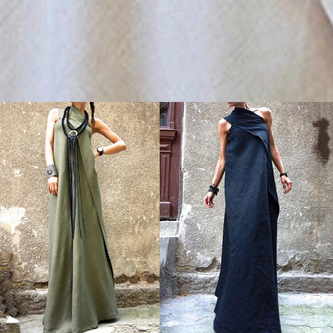 Style Sleeveless Patchwork Linen Outfit Photography Army Green Dress