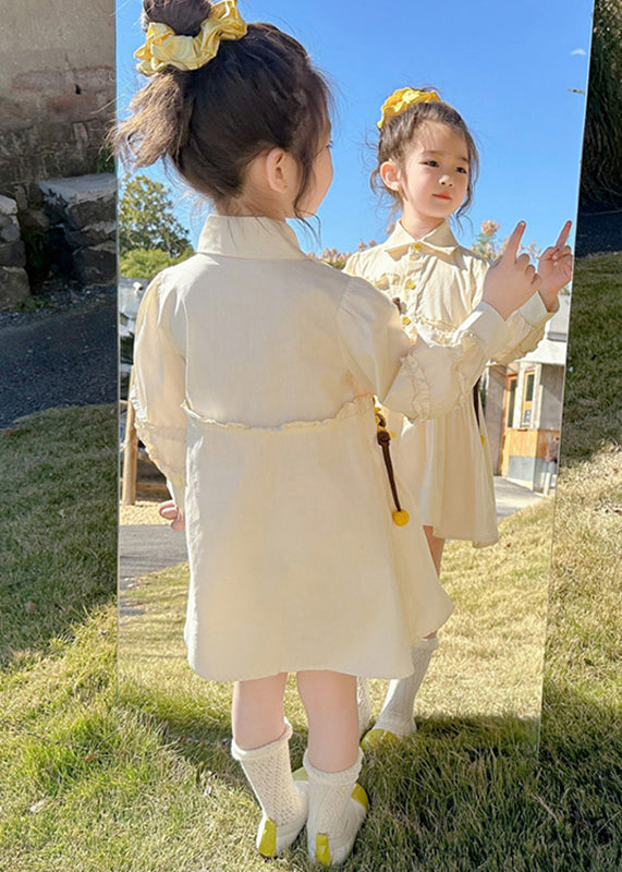 Stylish Apricot Peter Pan Collar Asymmetrical Wrinkled Kids Long Shirts Dress Fall