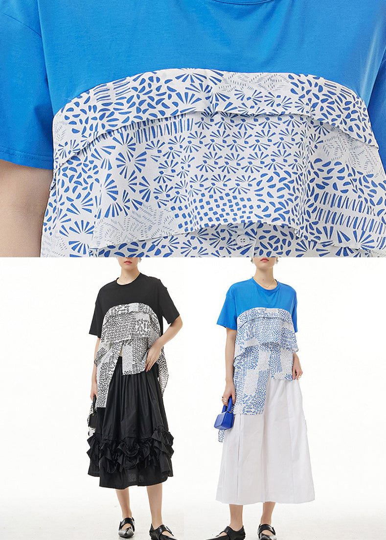 Stylish Black O-neck Asymmetrical Print Tops Summer