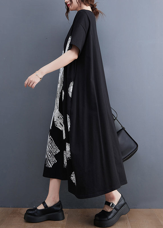 Stylish Black O-neck Oversized Print Cotton Long Dress Summer