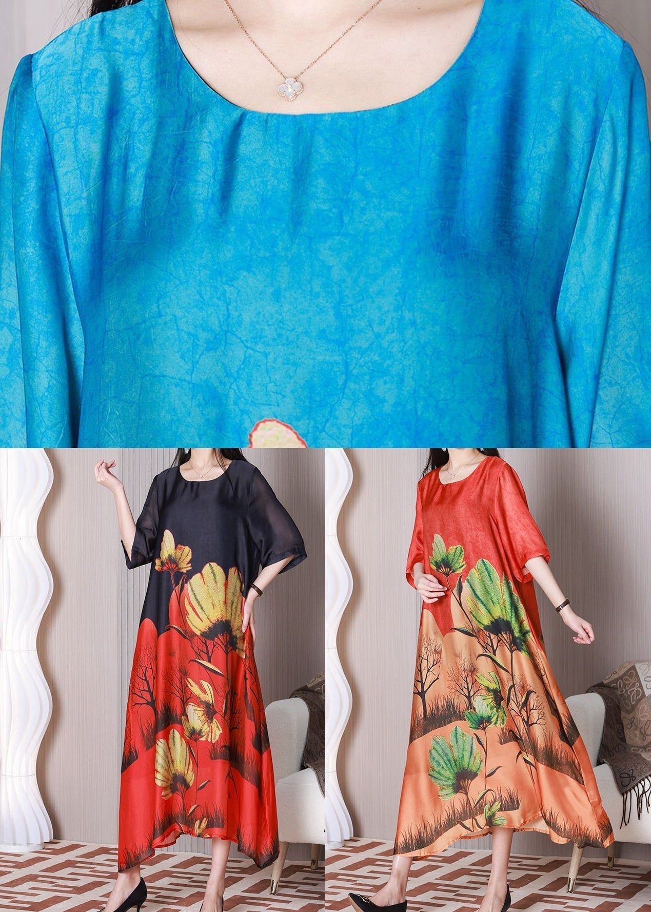 Stylish Black O-neck Print Silk Holiday Dress Half Sleeve
