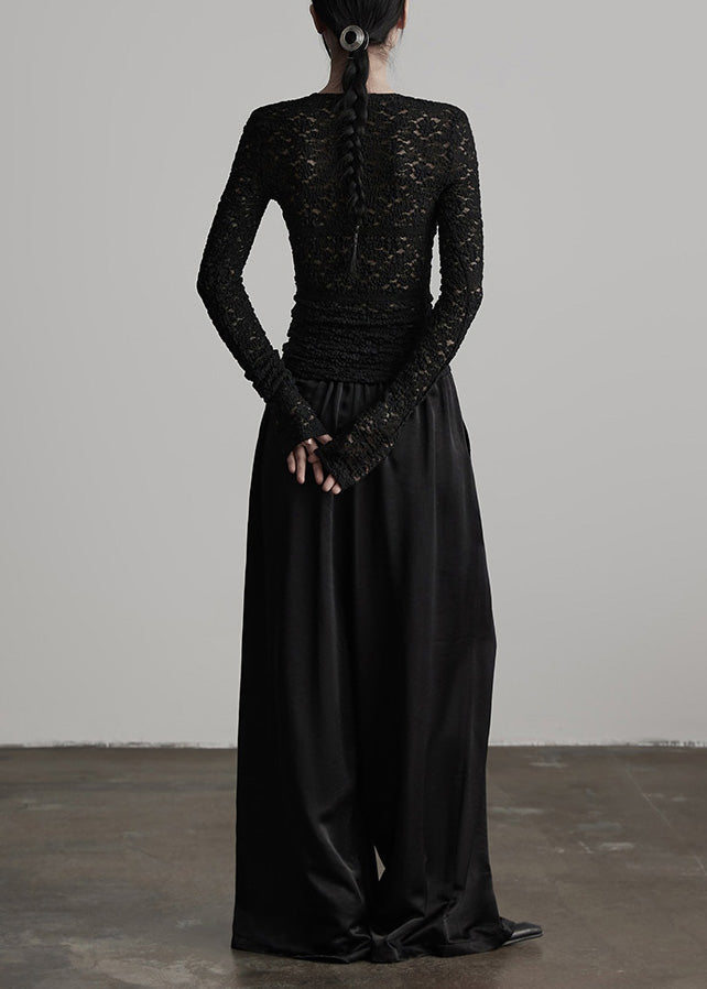 Stylish Black Wrinkled Elastic Waist Silk Pants Spring
