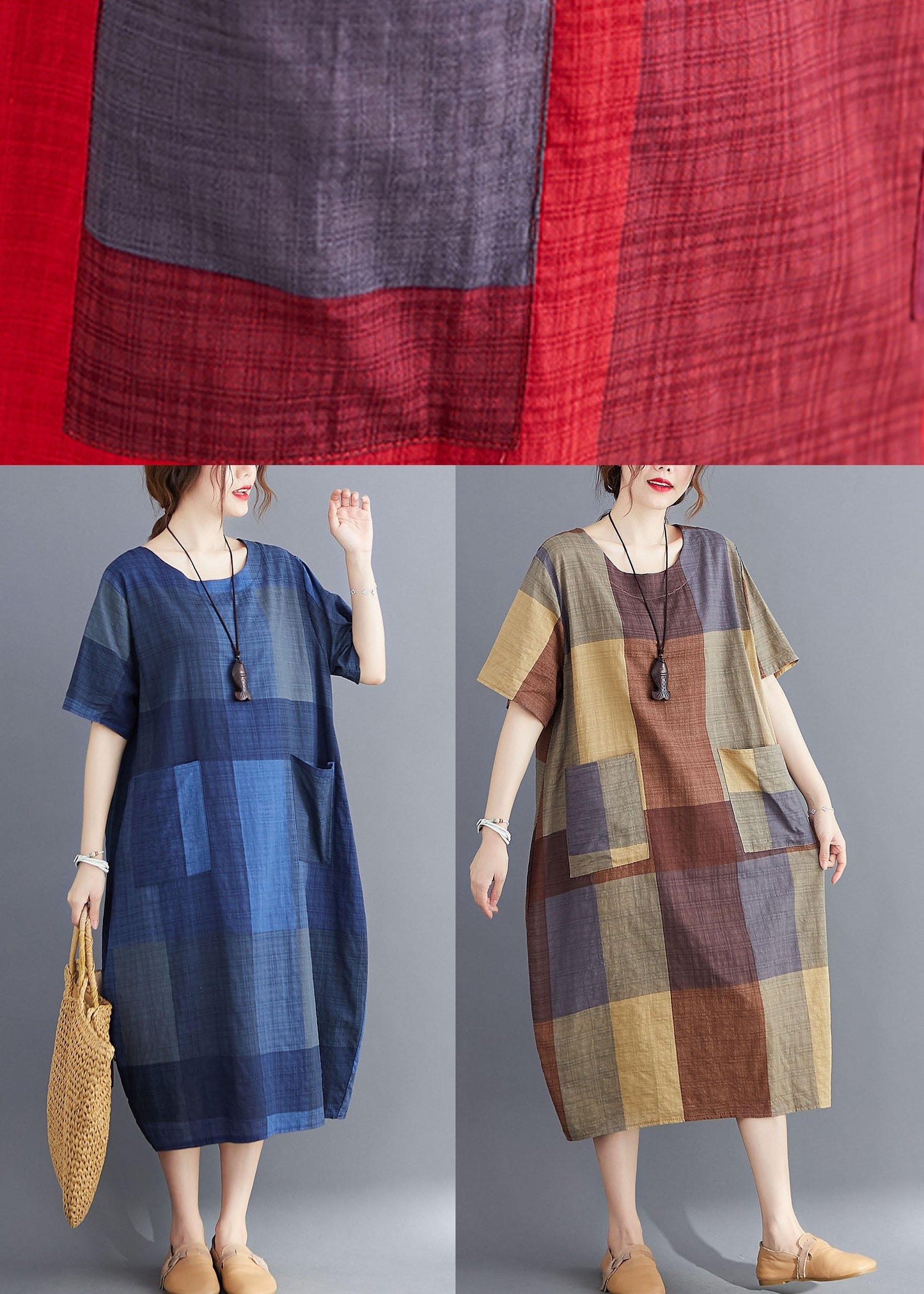 Stylish Blue Flower O Neck Plaid Maxi Dresses Cotton Linen Summer