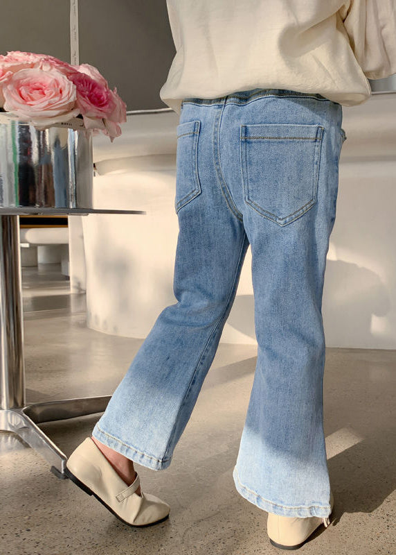 Stylish Denim Blue Patchwork Pockets Kids Crop Flared Pants Spring
