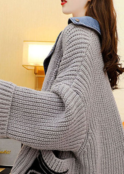 Stylish Grey Denim Patchwork Knit Fall Sweaters Coat