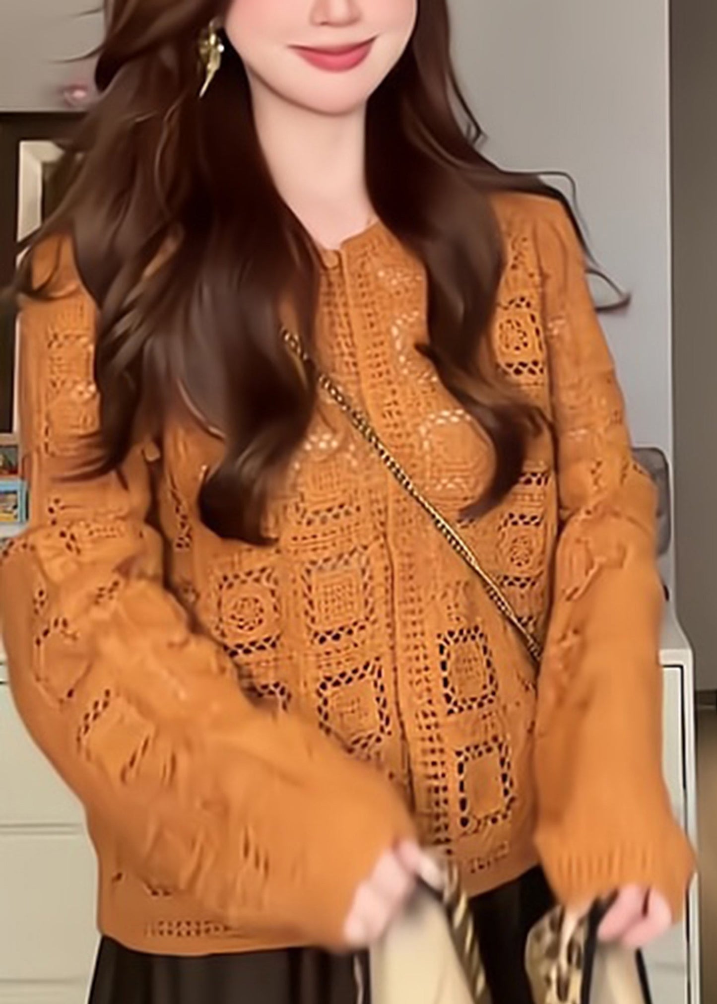 Stylish Orange O-neck Cotton Knit Cardigans Long Sleeve