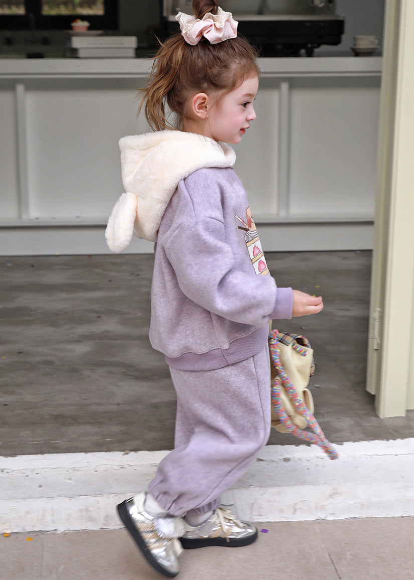 Stylish Purple Patchwork Thick Hooded Sweatshirt and Pants Two Pieces Set Spring