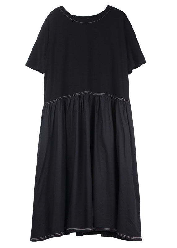 Stylish Red O-neck Patchwork Cotton Dresses Short Sleeve