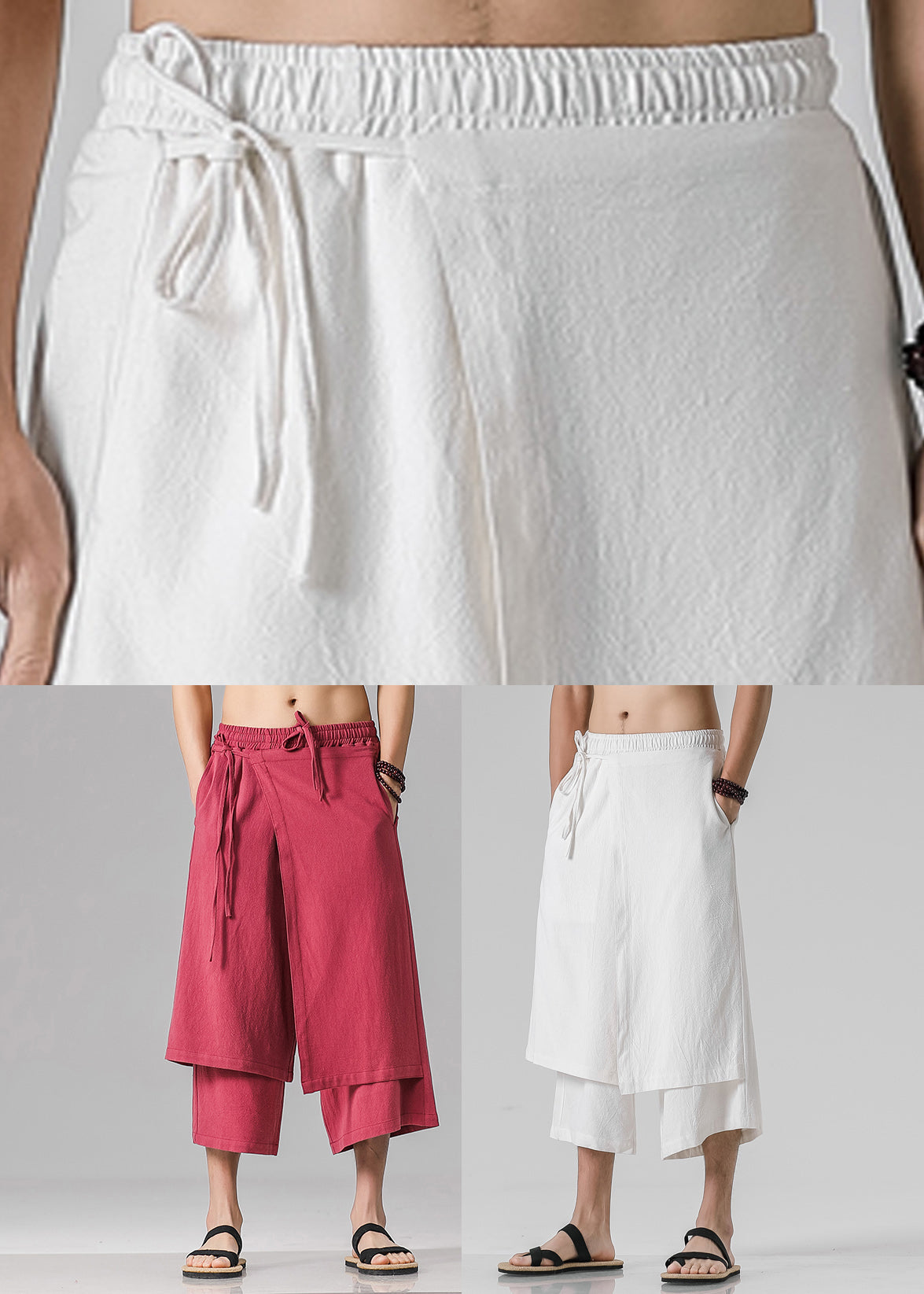 Stylish Red Pockets Patchwork Tie Waist Pants Summer