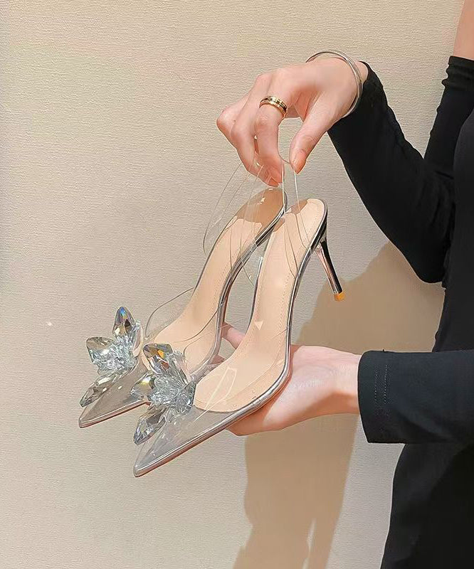Stylish Splicing Stiletto Sandals Silver Pointed Toe Crystal