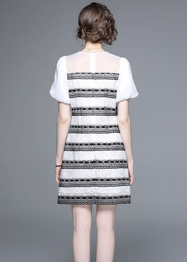 Stylish White O-neck Zircon Tulle Patchwork Lace Mid Dress Summer