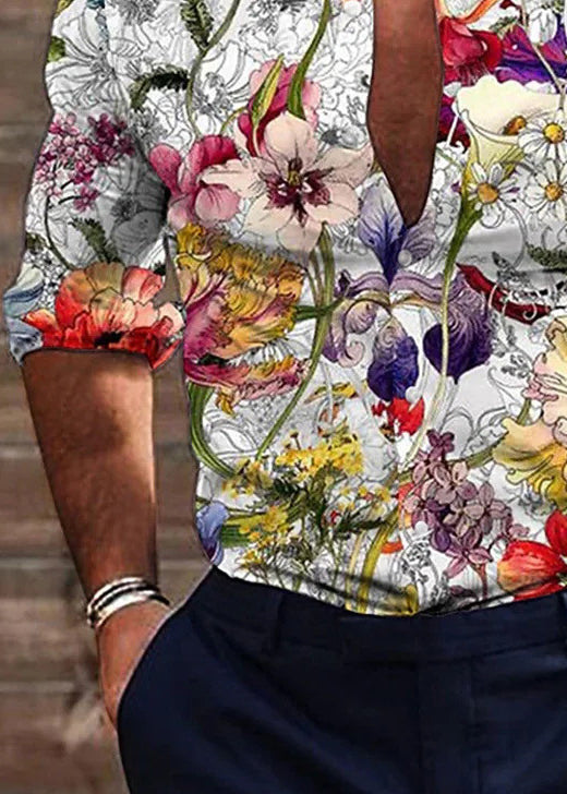 Stylish White Print Button Oversized Cotton Men's Shirts Fall