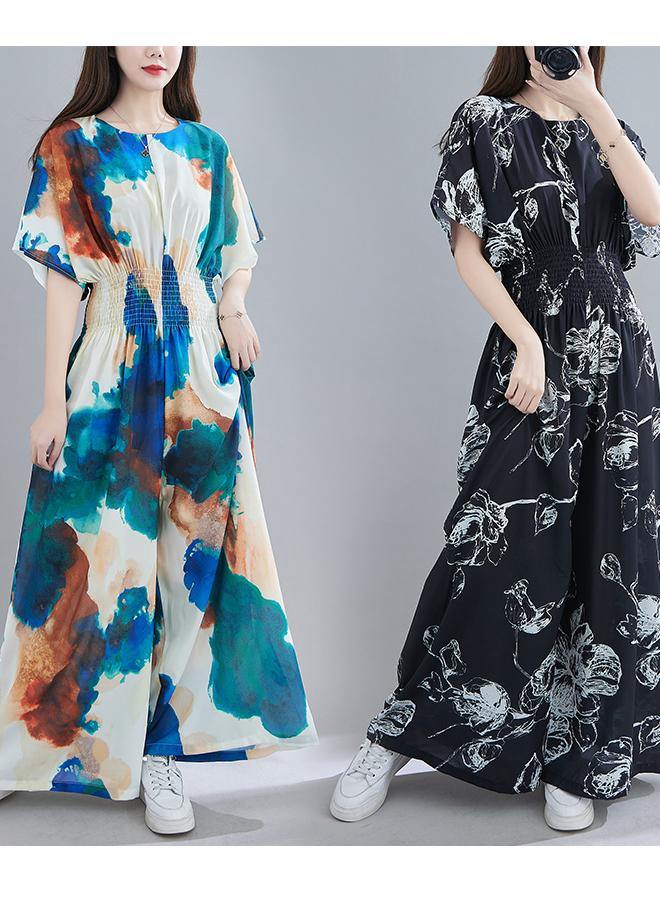 Summer New Light Blue Print Close Waist Jumpsuit