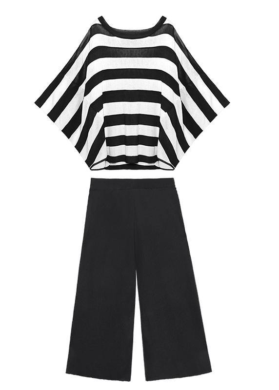 Summer Age Reduction Large Size Striped Bat Sleeve T-shirt + Wide Leg Pants Two-piece Suit