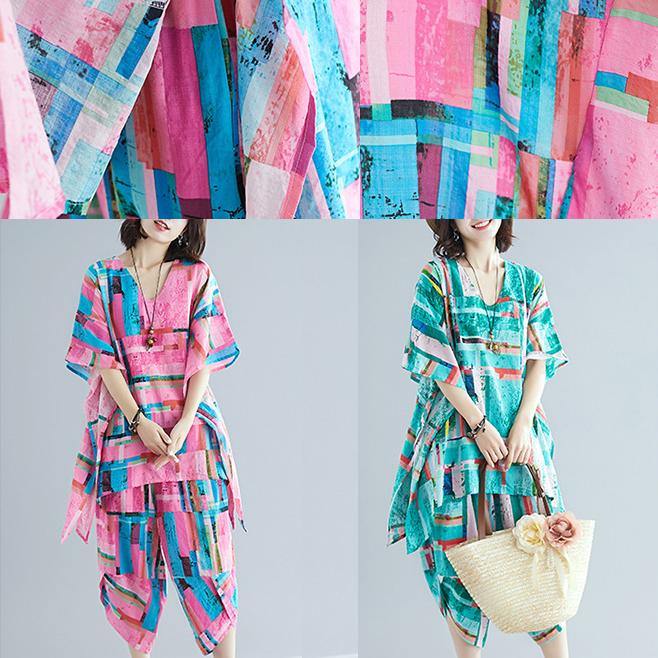 Summer New Large Size Art Pink Print Plus Long T-shirt + Cotton and Linen Seven Points Pants