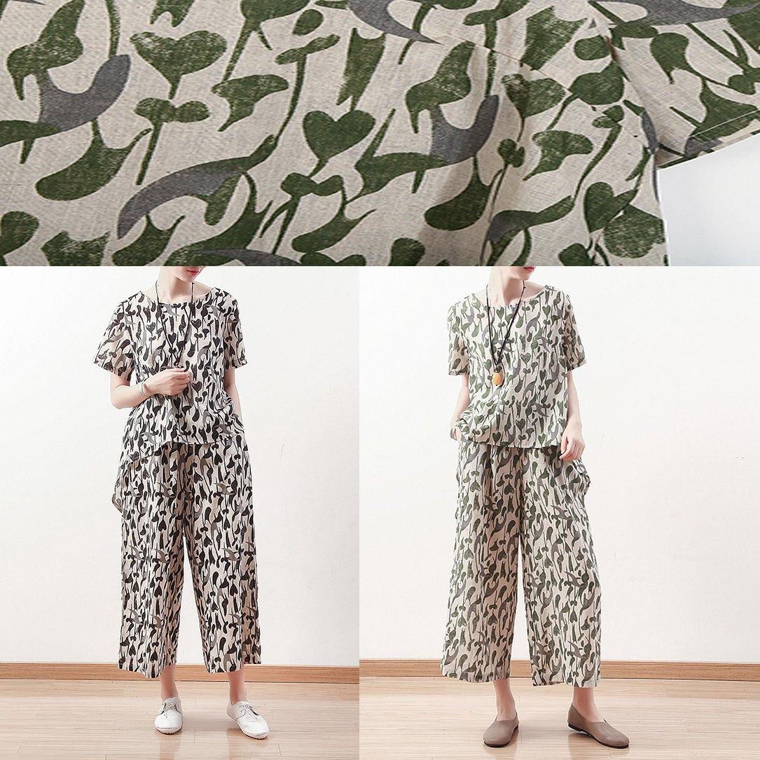 Summer Original Design Green Short Sleeve Prints Linen Print Shirt Pants Two Pieces