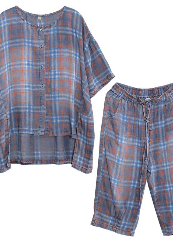 Summer Retro Plaid Shirt Denim Two Pieces