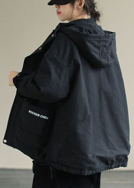 Unique Black Hooded Pockets Winter Cotton Coat Long Sleeve